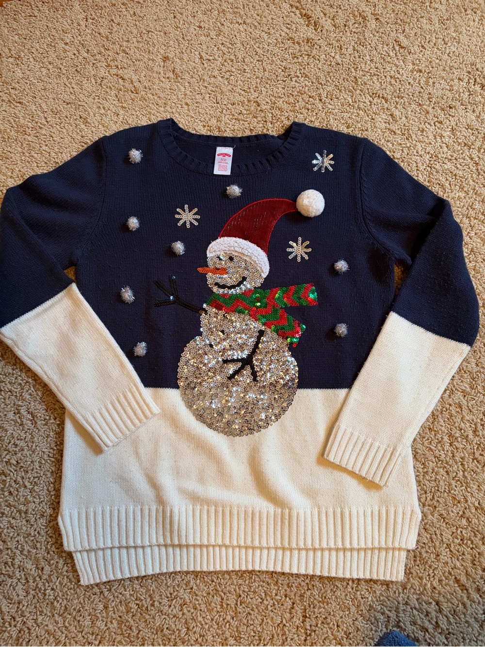 Holiday Time Navy and Cream Sequin Snowman Crewneck Sweater
